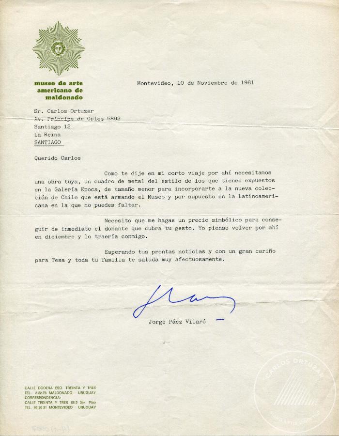 Carta de Jorge Páez a Carlos Ortúzar
